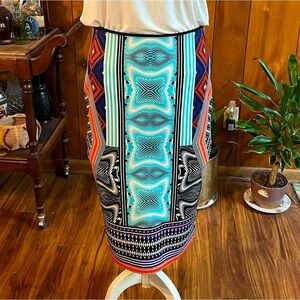 🛍️BISOU BISOU Black, teal multi‎ graphic stretchy pencil skirt size M.